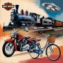 Kollage mit Motorrad, Dampflok, Fahrrad und UFO